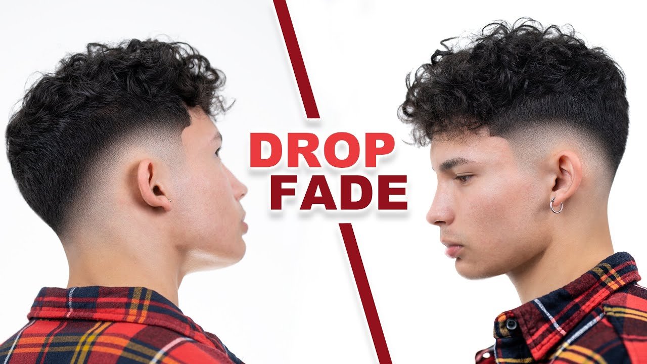 A young man with curly hair and a drop fade haircut is shown from side and front angles. The words "DROP FADE" are displayed in bold red text between the two views.
