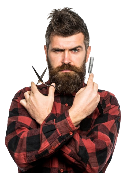 A man in a red and black checkered shirt holds scissors and a comb, crossing his arms confidently against a black background.